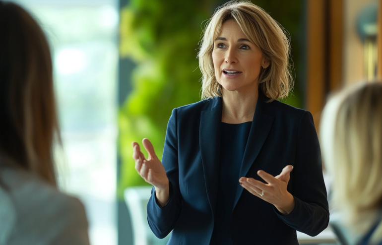 Professional woman in a navy blazer speaks and gestures to colleagues in a bright meeting space.