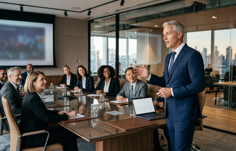 A senior executive confidently presenting to a board of directors in a modern boardroom, illustrating the 3Ps Framework for high-stakes executive presentations.