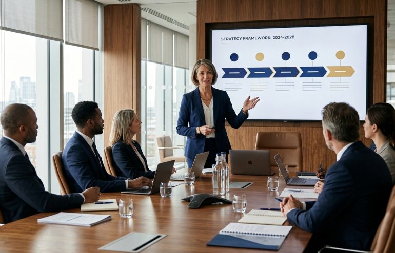 Businesswoman presenting a strategy framework to a diverse team in a boardroom, with a large screen showing arrows and timelines beside her.