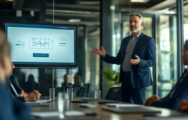 Executive presenting 90-day plan to leadership team in a contemporary boardroom
