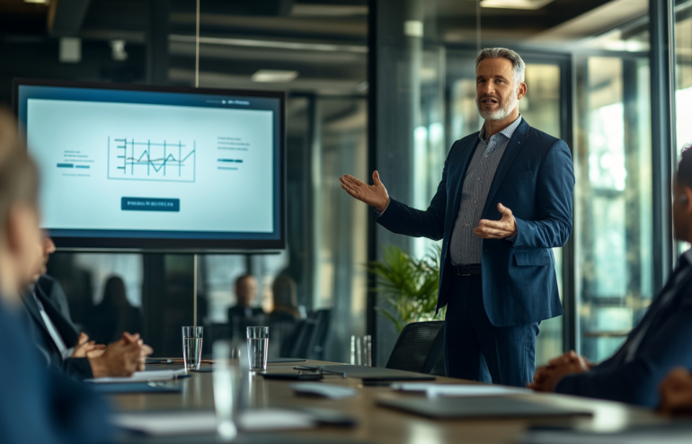 Executive presenting 90-day plan to leadership team in a contemporary boardroom