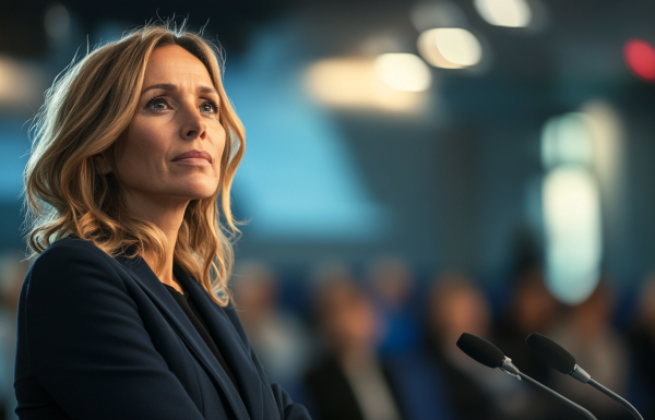 Professional woman at podium with microphone looking nervous but determined before presentation