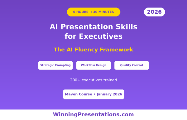 AI presentation skills for executives - The AI Fluency Framework teaching strategic prompting, workflow design, and quality control - Maven course January 2026