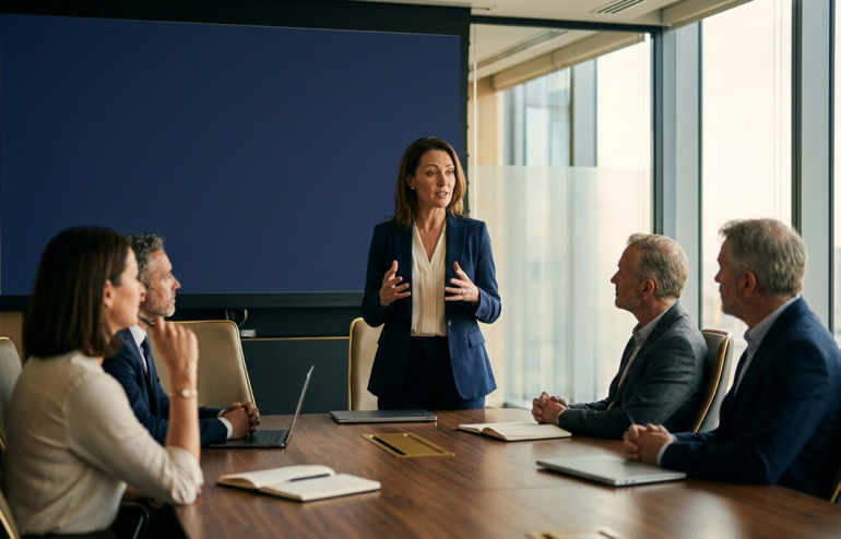 Businesswoman in a navy blazer presents at the head of a wooden conference table as colleagues listen nearby.