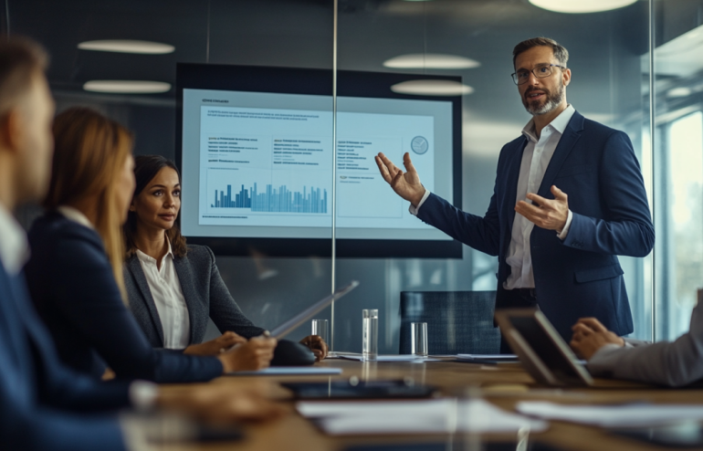 Account director presenting retention strategy slides to a client leadership team in a modern conference room, engaged discussion around the table