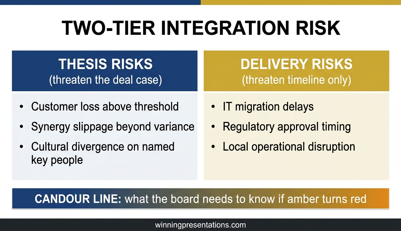 Two-tier integration risk classification showing thesis risks that threaten the deal case versus delivery risks that threaten timeline only, with candour escalation commitments to the board