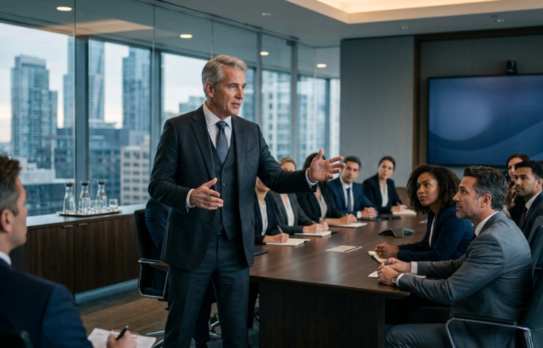 A senior executive confidently presenting to a board in a modern boardroom, illustrating how the Action-Value-Proof framework opens a high-stakes presentation.