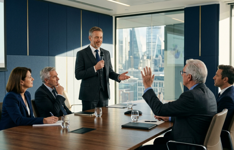 Confident senior male executive calmly responding to a silver-haired non-executive director raising a correction interruption in a bright modern boardroom.