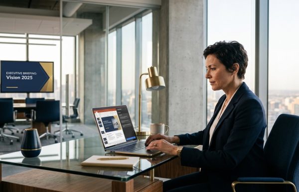 Senior executive working at a laptop with AI presentation interface visible on screen, modern office in navy and gold tones, editorial photography style.