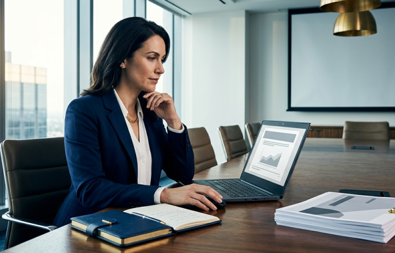 Senior executive working alongside AI on a laptop in a polished boardroom setting, navy and gold editorial photography, drafting an executive slide with calm focus