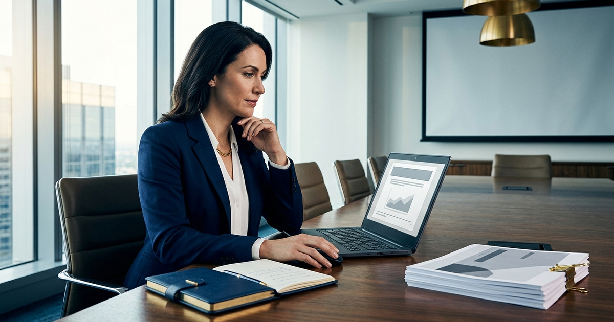 Senior executive working alongside AI on a laptop in a polished boardroom setting, navy and gold editorial photography, drafting an executive slide with calm focus
