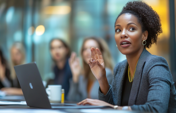 Executive woman having breakthrough moment explaining AI presentation insight to colleagues in boardroom