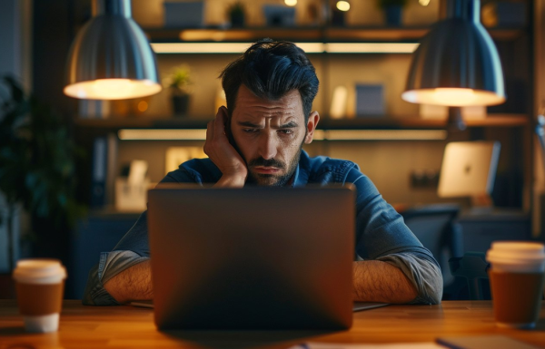 Professional person looking frustrated at laptop screen showing AI-generated content that doesn't sound right