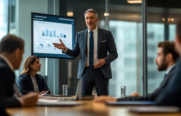 Presenter in a suit explains data charts on a screen to colleagues in a glass-walled conference room.