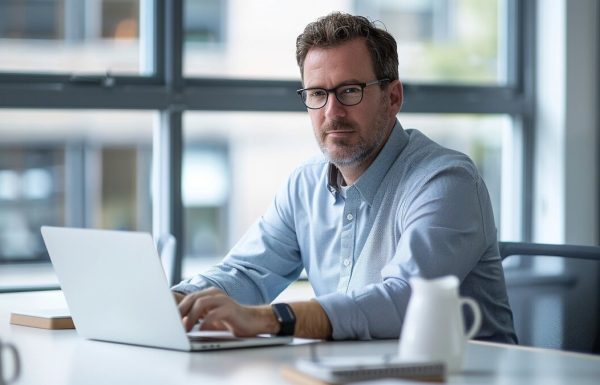 Professional man at desk with laptop focused on high-impact AI presentation tasks