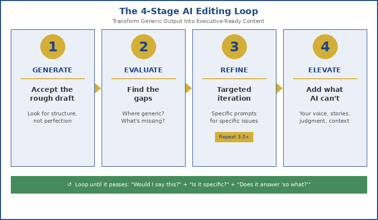 The 4-stage AI editing loop diagram showing generate, evaluate, refine, elevate