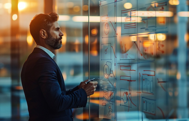 Executive mapping presentation framework on glass whiteboard with structured diagrams before using AI tools