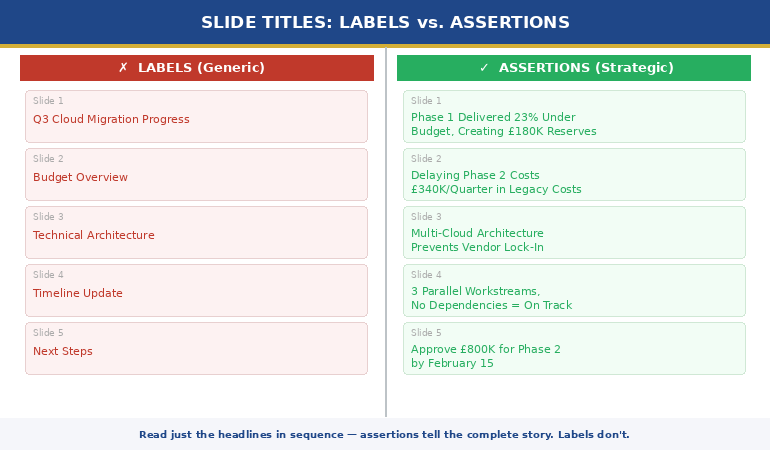 Slide skeleton example showing assertion-based headlines versus generic label-based slide titles