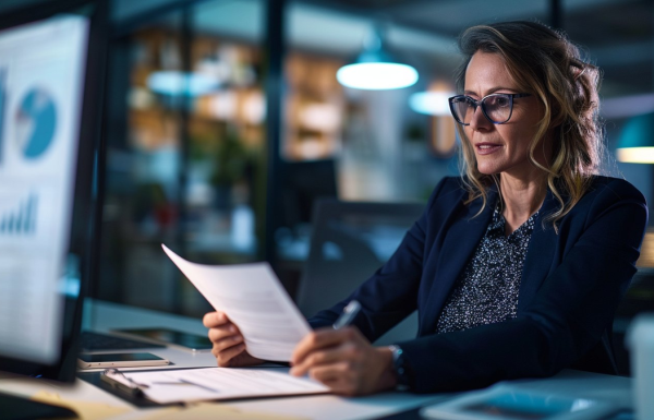 Executive reviewing printed presentation slides with pen while comparing to AI-generated deck on screen