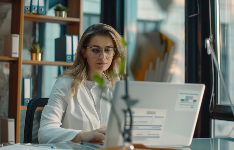 Executive woman reviewing AI-generated presentation output on laptop in corporate office