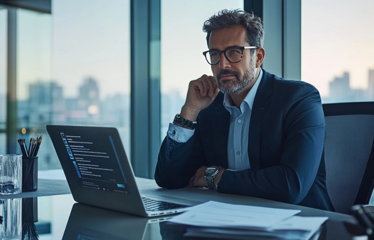 Executive with glasses evaluating AI-generated presentation on laptop screen, chin resting on hand in critical thought, printed slide documents on desk beside him