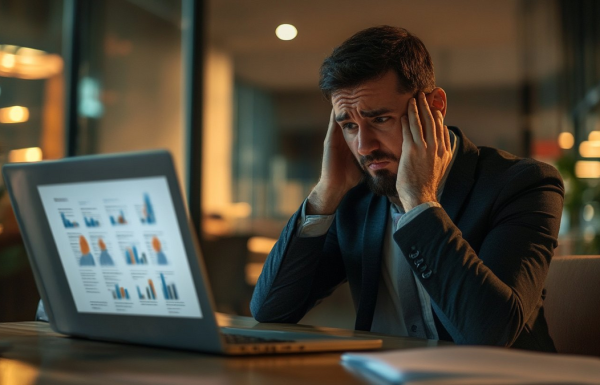 Executive frustrated with AI-generated presentation slides showing generic charts on laptop screen