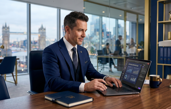 Senior executive reviewing an AI-assisted PowerPoint deck on a laptop in a corporate office with a London skyline in the background.