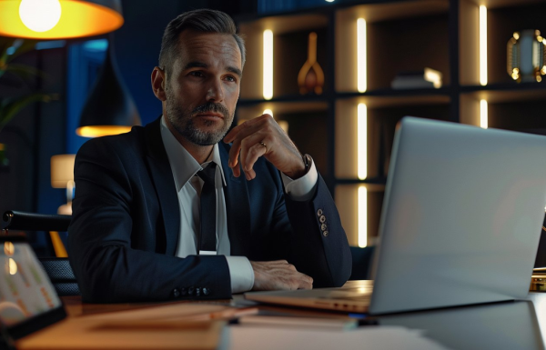 Executive preparing for presentation Q&A at desk with laptop and data tablet in corporate office
