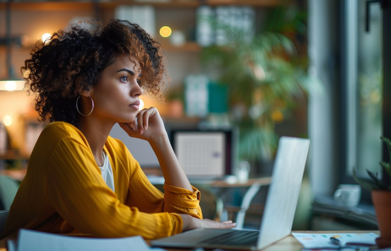 Professional thinking strategically with AI interface, not just generating slides