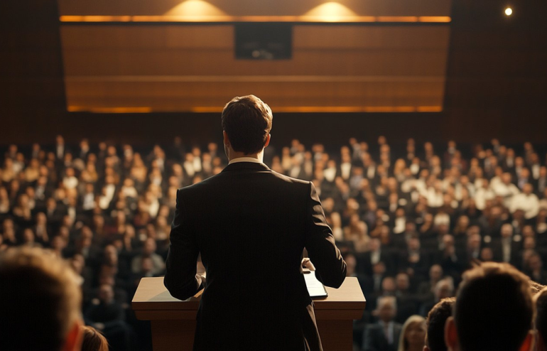 Executive addressing large all-hands meeting audience from podium in corporate auditorium