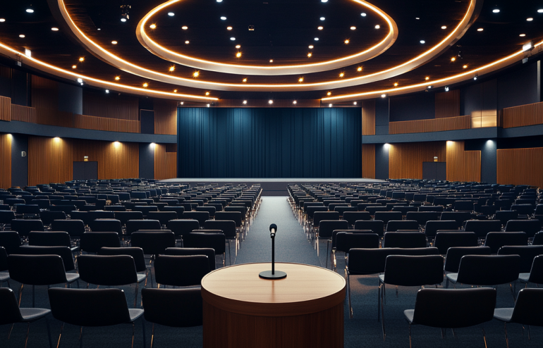 Executive standing at podium in large corporate auditorium with hundreds of seats and professional lighting creating dramatic atmosphere for all-hands meeting