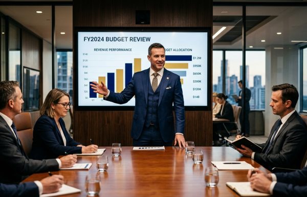 Man in a blue suit presents FY2024 Budget Review to colleagues around a conference table with a large display behind him.