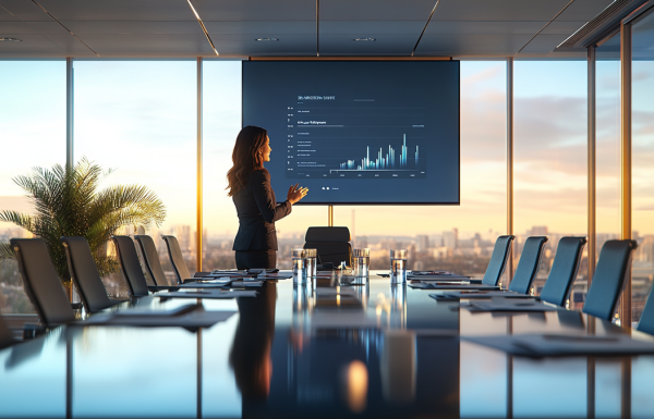 Executive VP presenting annual budget to a leadership team in a modern boardroom, CFO visible as key listener, clean financial slide on screen behind them showing outcome-linked figures, confident and prepared demeanour