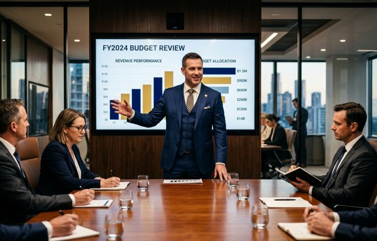 Man in a blue suit presents FY2024 Budget Review to colleagues around a conference table with a large display behind him.