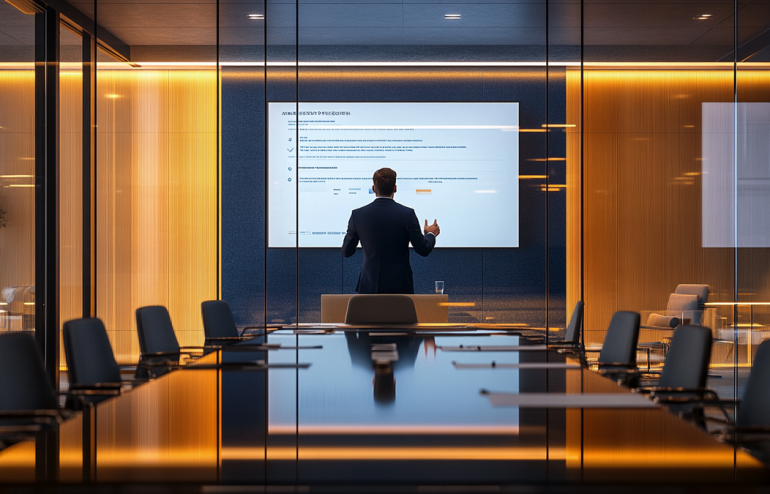 Executive presenting annual strategy deck in modern boardroom with navy and gold accent lighting