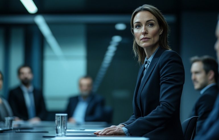 Executive presenter fielding a challenging question from a senior panel — composed, prepared expression, boardroom setting, navy tones