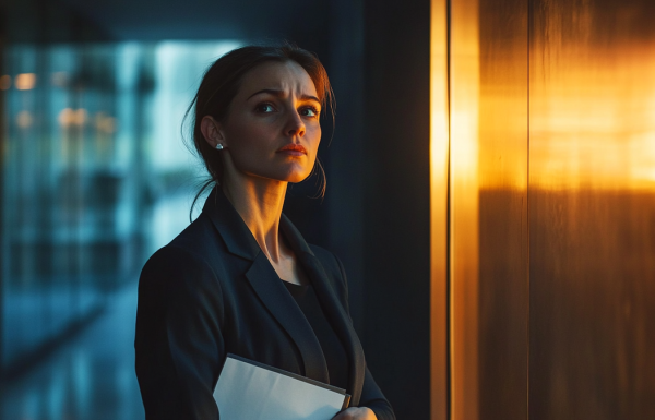 Abstract representation of anticipatory anxiety before a high-stakes presentation showing a lone figure in a dimly lit corridor