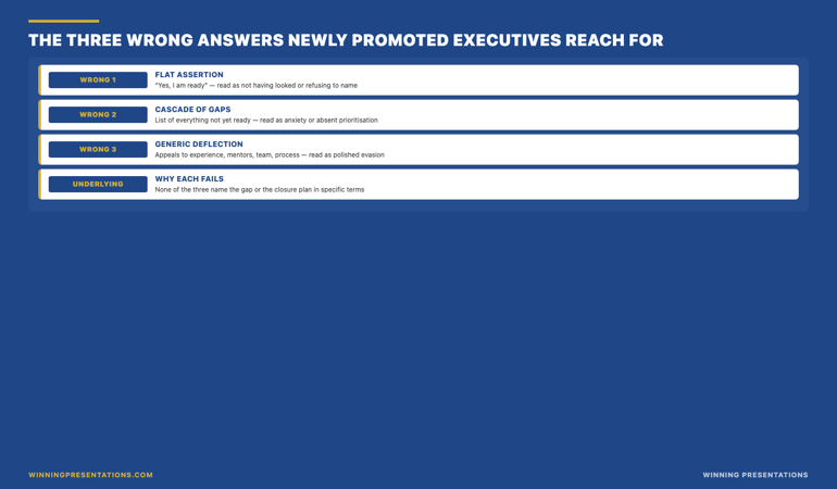 The three wrong answers to the &lsquo;are you ready for this?&rsquo; question infographic: wrong answer one (flat assertion of readiness &mdash; &lsquo;yes I am ready&rsquo;, read as not having looked or not willing to name what was found); wrong answer two (cascade of self-deprecating gap-naming &mdash; long list of everything the executive is not yet ready for, read as anxiety or absent prioritisation); wrong answer three (deflection toward generic readiness language &mdash; appeal to experience, mentors, team, or selection process, read as polished evasion); each failure mode produces a predictable downstream consequence in the board&rsquo;s read of the executive&rsquo;s readiness.