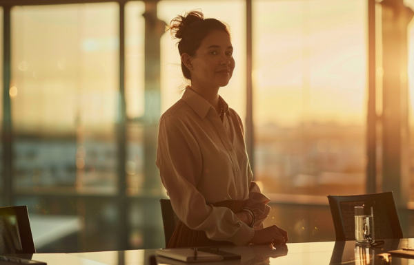 Professional woman standing alone in boardroom with golden sunset light behind her, hands clasped, quiet composure after overcoming the audience judgment anxiety loop that held her back for years