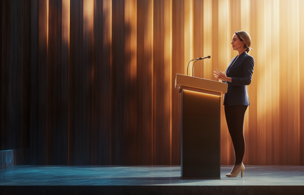 Professional presenter standing confidently at podium with empty chair visible in audience, navy and gold corporate tones, resilience and recovery atmosphere