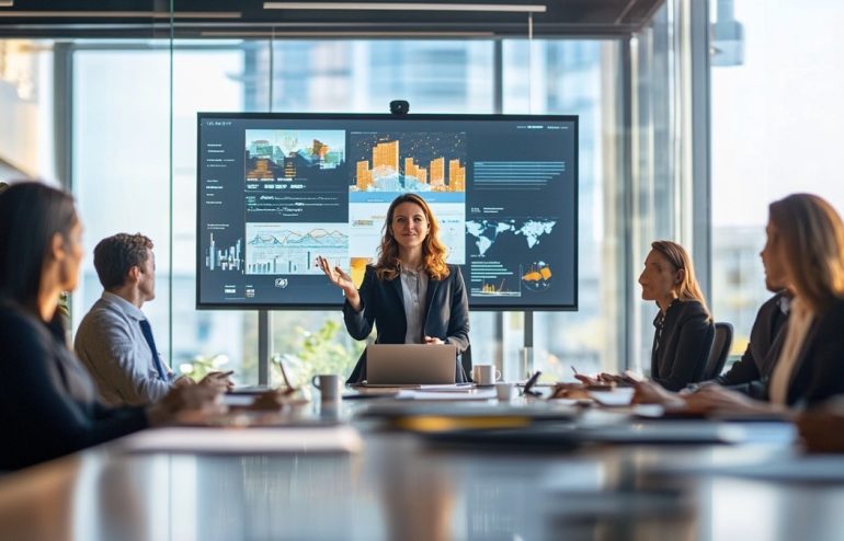 Female CFO presenting to audit committee members with external auditors present, formal governance meeting room, confident and precise delivery, navy tones
