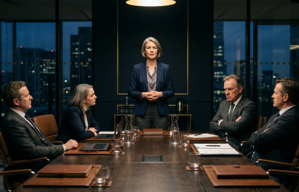 Composed senior female executive holding steady eye contact with a skeptical board chair mid-interruption in a high-stakes boardroom.