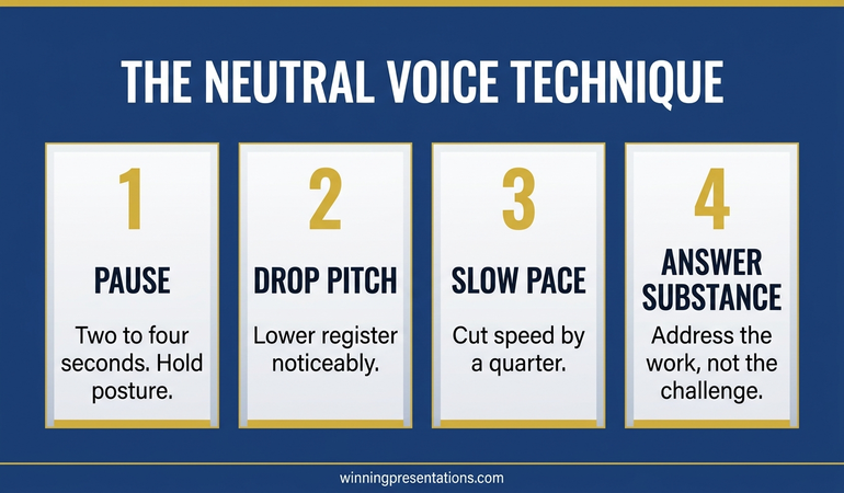 Neutral voice technique 4-stage dashboard infographic showing pause, drop pitch, slow pace, and answer substance as the sequence to hold composure when authority is challenged.