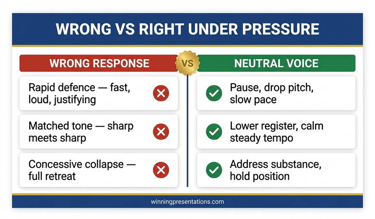 Wrong versus right infographic contrasting rapid defence, matched tone, and concessive collapse with the neutral voice response, shown in a split comparison format.