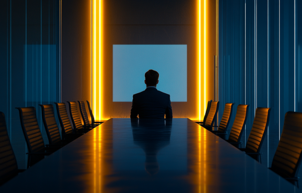 Executive sitting alone in an empty boardroom reflecting on a past presentation experience with dramatic lighting