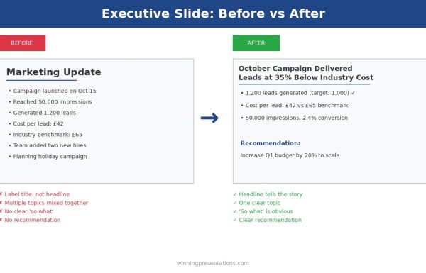 Executive slide before and after example - transforming a weak marketing update into a clear headline with recommendation