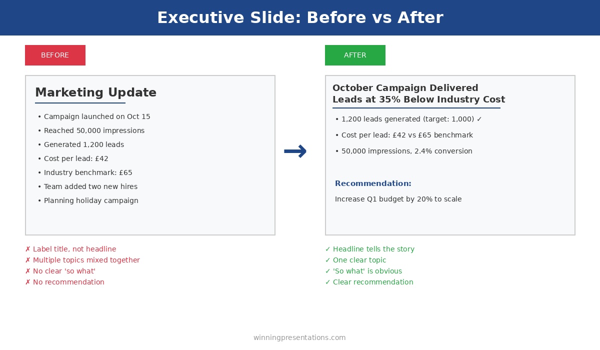 Executive slide before and after example - transforming a weak marketing update into a clear headline with recommendation