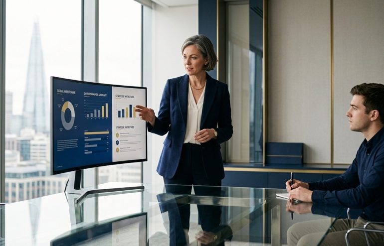Senior female executive in navy blazer presenting executive slides on an ultra-wide monitor in a modern glass boardroom