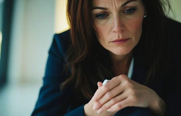 Executive holding a pill before a presentation, deciding whether to take beta blockers for public speaking anxiety