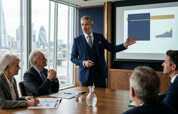 Businessman in a blue suit presents a chart to four colleagues in a glass-walled boardroom with a city skyline.